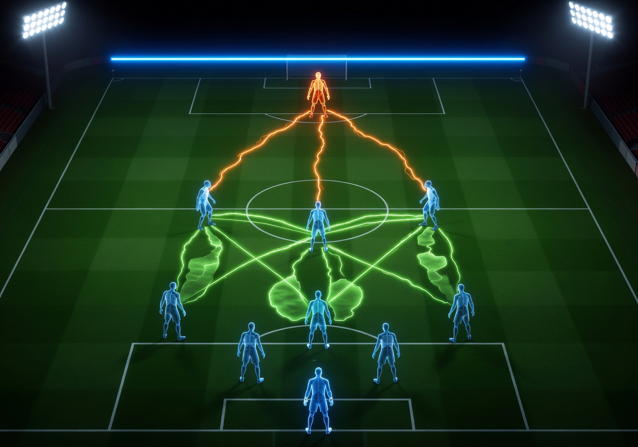 Manchester City 4-3-3 formation X-ray diagram with pressing trigger zones shown in green, Haaland's three pin runs marked in orange, and Arsenal's defensive line in neon blue