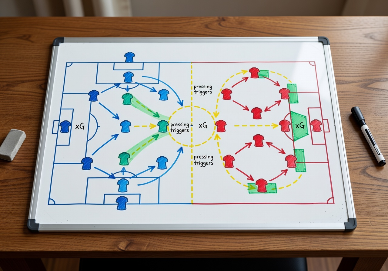 Tactical board overlay showing Manchester City versus Arsenal formation analysis with xG heat zones and pressing trigger paths highlighted