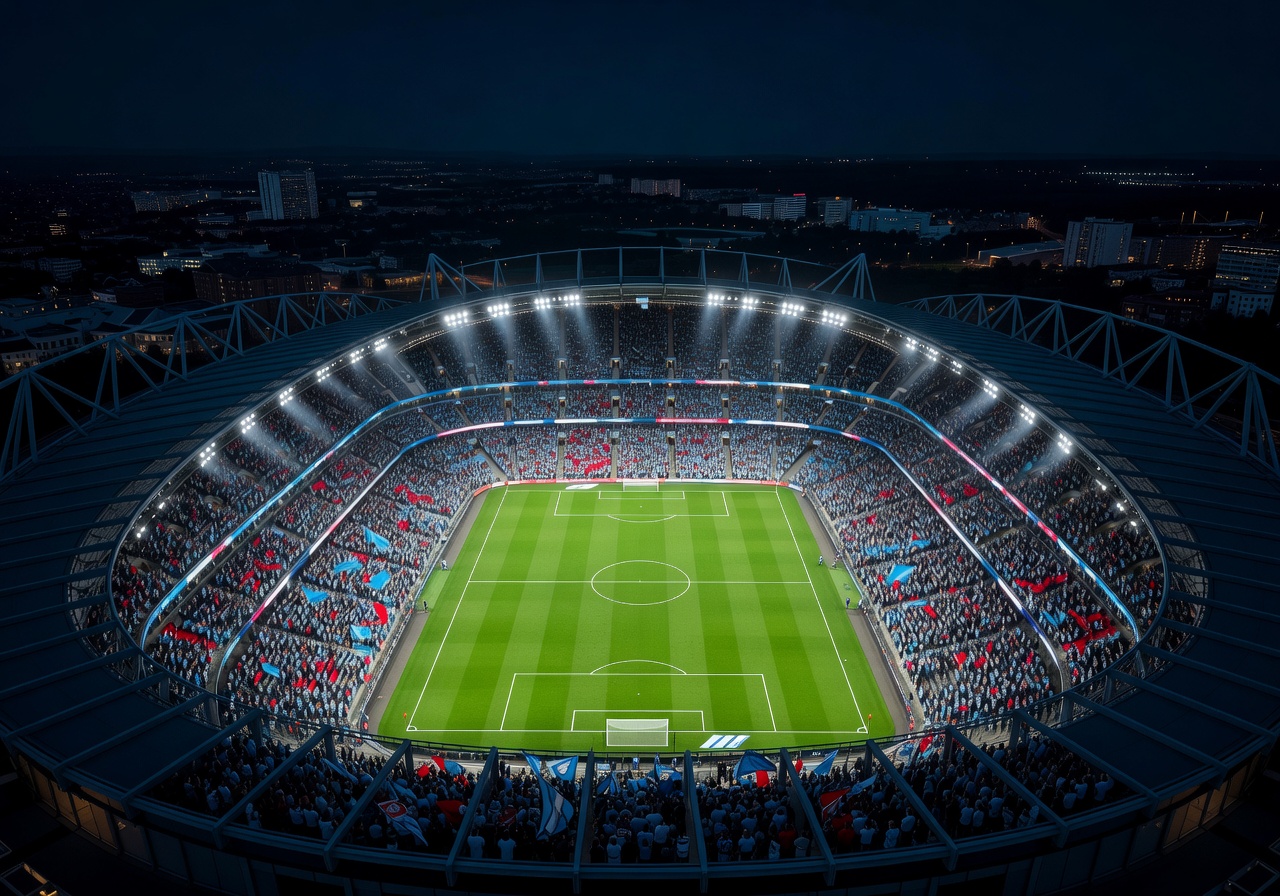 Aerial night shot of the Etihad Stadium in Manchester with floodlights blazing over a packed crowd for the Manchester City versus Arsenal Premier League showdown