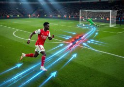 Video thumbnail of Arsenal's counter-attack goal showing Saka's diagonal run path in neon blue with speed vectors and defensive gap analysis